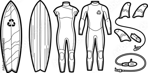 Doodle beach surf vector surfboards wetsuits fins accessories black and white illustration