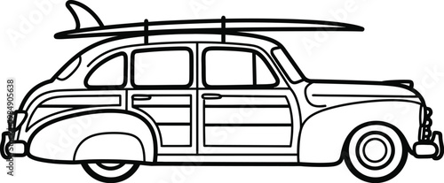 Vintage woody station wagon with surfboard a doodle beach and surf vector illustration