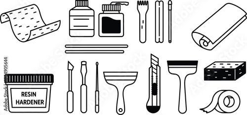 Doodle beach surf vector essential sunscreen wax and surfboard repair tools illustration