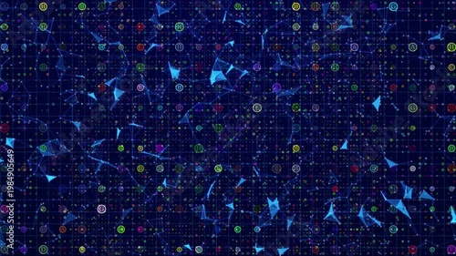 Abstract Futuristic Digital Grid Background With Glowing Multicolored Circular Letter Icons And Blue Plexus Network Lines Connecting Data Points In A Dark Blue Technological Space, Perfect For Big Dat