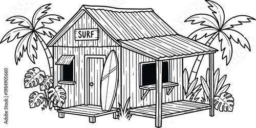 Doodle beach and surf vector charming coastal hut illustration with palm trees tropical paradise