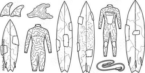Doodle beach and surf vector hand drawn surfboards wetsuits fins and beach elements illustration