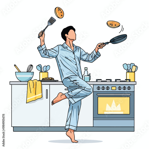 Pancakes Person Playfully Flipping Breakfast in Kitchen Enjoying Morning Cooking Routine