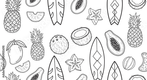 Doodle beach surf vector seamless pattern with surfboards pineapples and tropical fruits