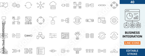 Clean outline icons representing business integration, system connectivity, and workflow automation. Ideal for SaaS dashboards, APIs, and modern UI UX applications.