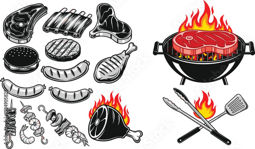 Vintage Style Barbecue Grill Set Featuring Premium Meat Cuts Ribs Sausages Skewers and Grilled Steaks over Open Flame for Steakhouse Menus and BBQ Designs