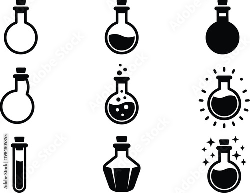 Neun stilisierte Flaschen- und Phiolen-Symbole, die Flüssigkeiten, Tränke und chemische Substanzen in verschiedenen Formen zeigen.