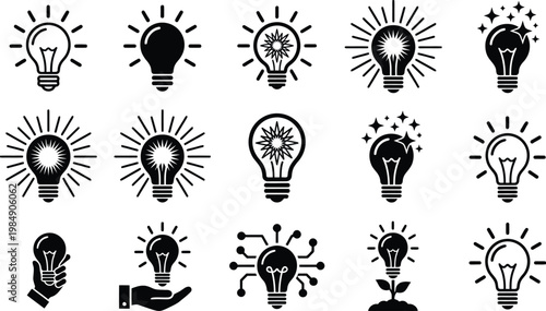 Eine Sammlung von fünfzehn verschiedenen Glühbirnen-Icons, die Ideen, Innovation und Erleuchtung symbolisieren, in Schwarz-Weiß-Darstellung.