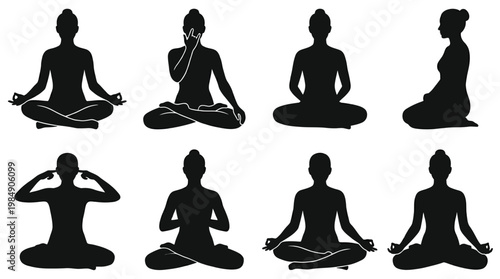 Detailed meditation silhouettes showing different hand mudras and breathing styles.
