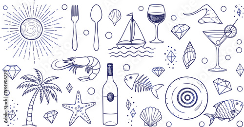 Nautical summer doodle set with sun seafood cocktail wine sailboat tropical elements hand drawn vector illustration collection