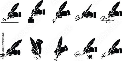 Sammlung von Silhouetten, die Hände mit Federkielen beim Schreiben, Unterschreiben und Eintauchen in ein Tintenfass darstellen.