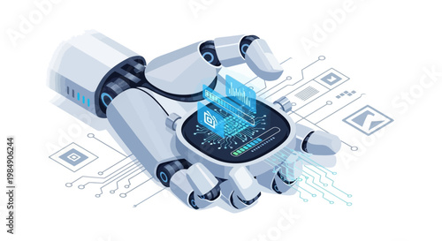 Isometric Robotic Hand with AI Digital Interface and Holographic Data, Artificial Intelligence Concept for Future Technology, Automation, and Machine Learning