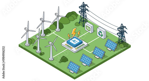 Isometric AI Smart Grid Management Illustration with Renewable Energy Wind Turbines Solar Panels and Electric Power Infrastructure for Green Technology and Sustainability