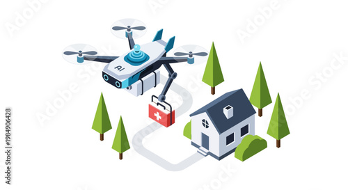 Isometric AI Drone Delivering Medical First Aid Kit to House, Autonomous Healthcare Logistics and Emergency Services Technology Concept Illustration on White Background
