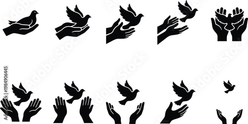 Sammlung von Silhouetten, die Hände zeigen, die Friedenstauben in verschiedenen Flugphasen freilassen und halten.
