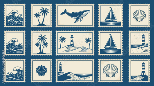 Vintage Postage Stamp Collection with Ocean Beach and Nautical Motifs