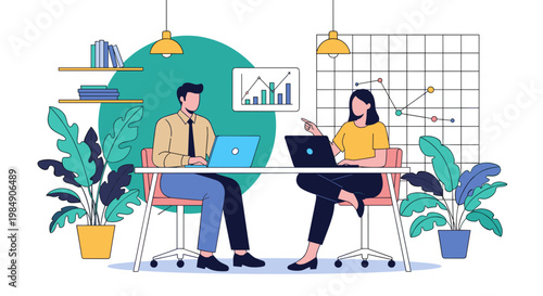 Two coworkers working together on laptops in modern office with plants and graphs