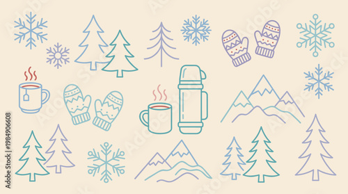 Winter Cozy Collection Flat Line Icon Set: Snowflakes Trees Mittens Hot Drinks