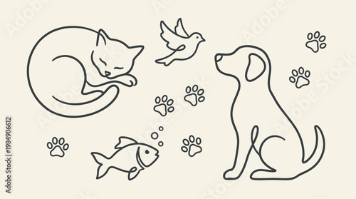 Minimalist art in continuous lines depicting various domestic animals and footprints