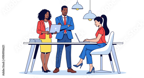 Three diverse colleagues collaborating at a modern office desk with laptops and documents