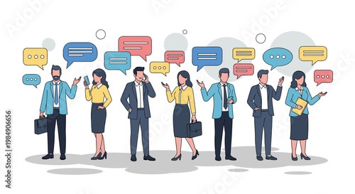 Business professionals communicate with speech bubbles in a modern office setting with vibrant colors