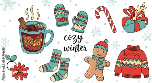 Cozy winter illustration with hot chocolate socks hat gingerbread man candy cane and sweater on white background with snowflakes