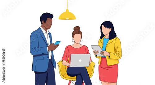 Three coworkers collaborate in office setting with laptops and smartphone