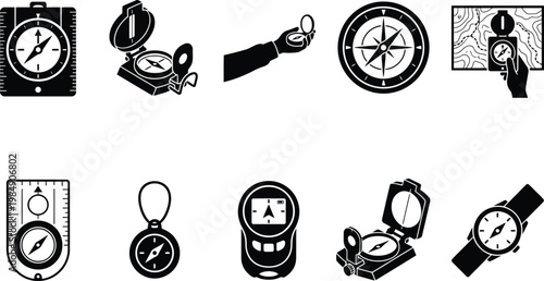 Sammlung von Kompass-Symbolen in Schwarz-Weiß für Navigation und Outdoor-Aktivitäten.