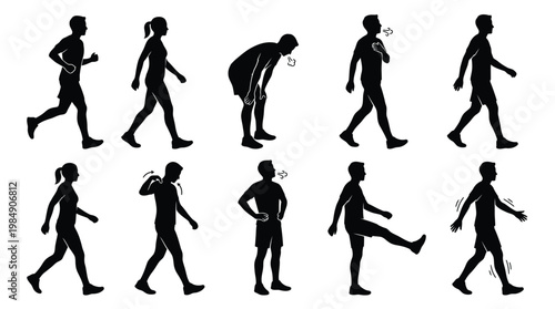 Collection of people walking and running silhouettes on transparent background vector.