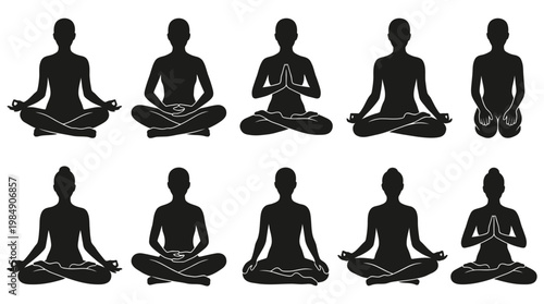 Yoga meditation silhouettes set featuring various sitting lotus poses and mudra signs.