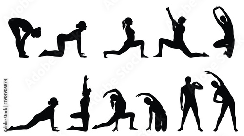 Dynamic stretching silhouettes set for daily morning exercise and flexibility routine.