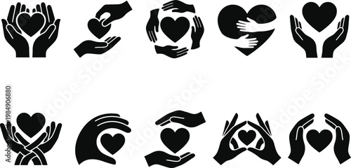 Eine Sammlung von zehn Schwarz-Weiß-Symbolen, die Hände zeigen, die Herzen halten, geben oder schützen, Liebe und Fürsorge darstellend.