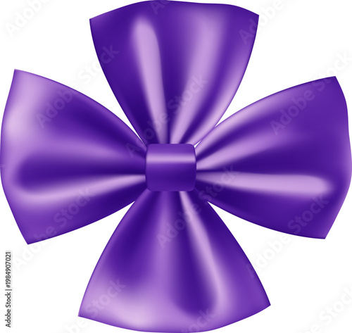3D gift violet bow. Realistic purple bow. Christmas gift box decorative bow.