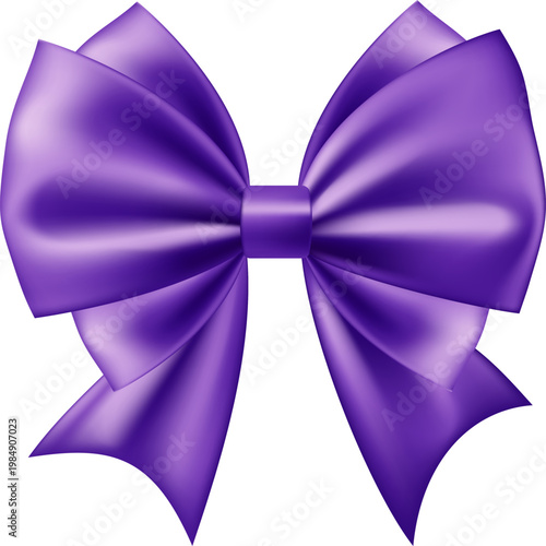 3D gift violet bow. Realistic purple bow. Christmas gift box decorative bow.