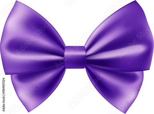3D gift violet bow. Realistic purple bow. Christmas gift box decorative bow.