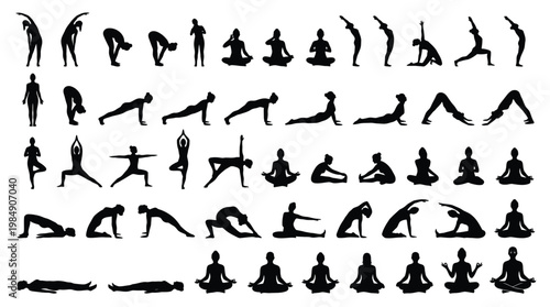 Large set of female yoga silhouettes performing diverse stretching and workout poses.