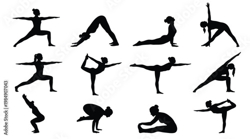 Yoga silhouette collection featuring black female figures in various exercise poses.