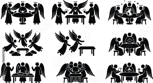 Engel bei himmlischen Versammlungen und Beratungen am Tisch in verschiedenen Szenarien dargestellt.