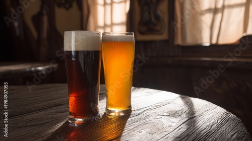 tavern. Glasses of light and dark beer on rustic pub table. bar promotions, beverage menus, packaging labels, designed for product packaging and bar promotions, used by supply chain planners.
