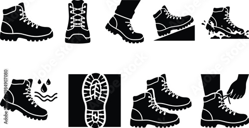 Verschiedene Piktogramme und Symbole für Stiefel, Wanderschuhe und ihre Eigenschaften wie Wasserdichtigkeit, Profil und Schnürung.
