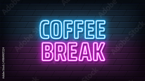 Neon text Coffee Break, blue magenta colors. Greeting cafe banner with neon phrase Coffee Break. Glowing outline text, coffee time and lunch break. Vector illustration