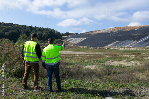 Photography Men in bright vests discuss a landfill area