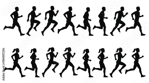 Silhouettes of male and female runners in sequence on transparent background.