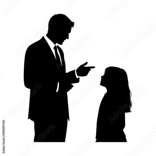 A man in a suit points at a woman in a silhouette