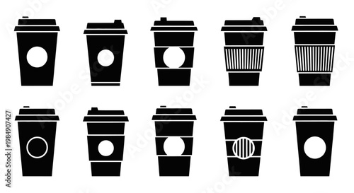 Collection of black coffee cup icons.