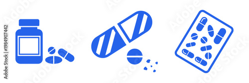 Set of pharmaceutical icons with pills, capsules, bottle, and blister pack