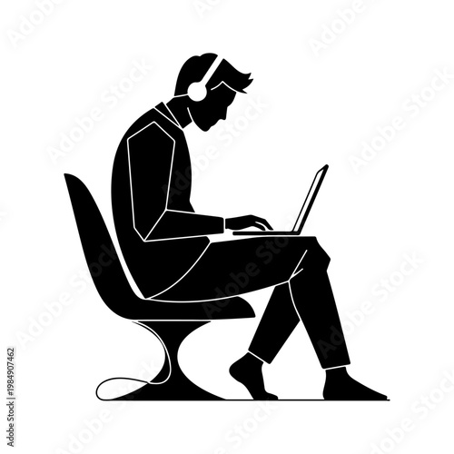A person sitting in a chair with a laptop and headphones on silhouette
