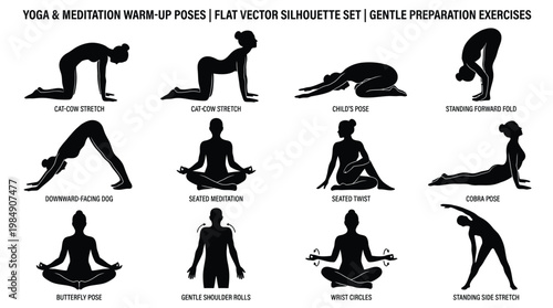 Yoga and meditation warm up poses flat vector silhouette set for gentle preparation.