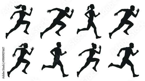 Running people silhouettes collection in dynamic sprint and marathon motion on background.