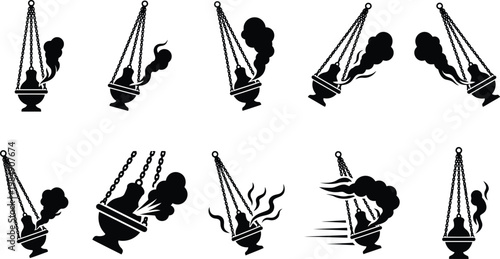 Eine Reihe von Schwarz-Weiß-Illustrationen eines Weihrauchgefäßes in verschiedenen Bewegungsphasen und Rauchabgabe.